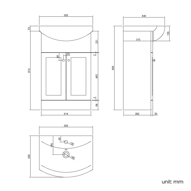 Capri Fog Grey Vanity with Semi Recessed Basin 550mm - Brushed Handles