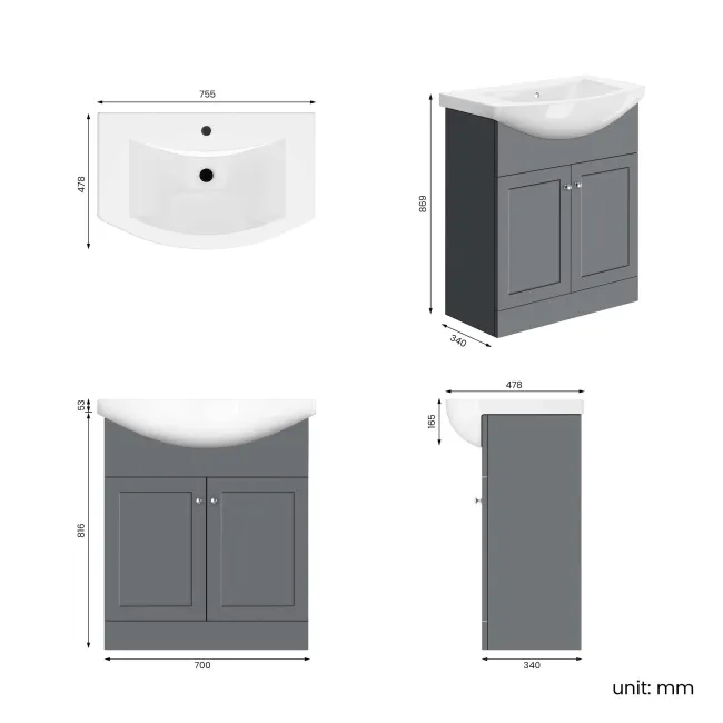Capri Fog Grey Vanity with Semi Recessed Basin 750mm - Brushed Handles