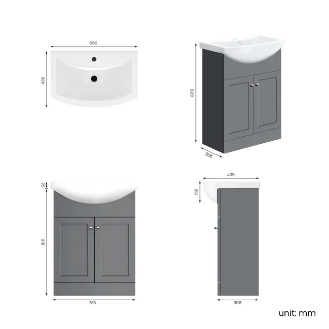 Capri Fog Grey Vanity with Semi Recessed Basin 650mm - Chrome Handles