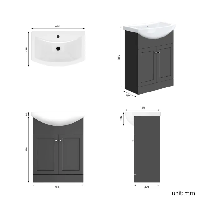 Capri Slate Grey Vanity with Semi Recessed Basin 650mm - Chrome Handles