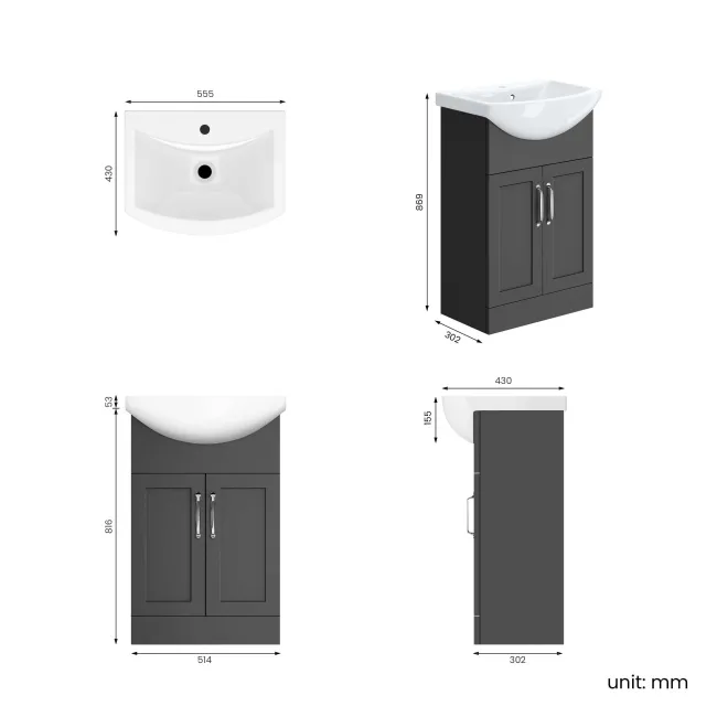 Capri Slate Grey Vanity with Semi Recessed Basin 550mm - Traditional Handles