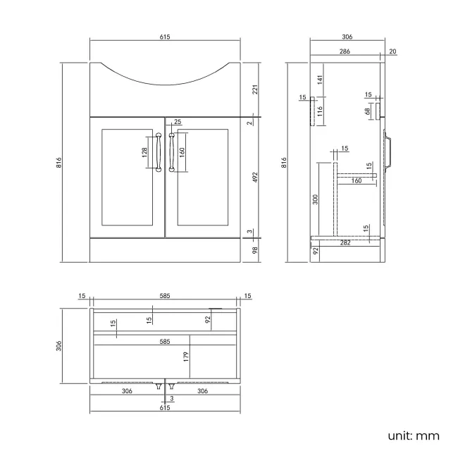 Capri Slate Grey Vanity with Semi Recessed Basin 650mm - Traditional Handles