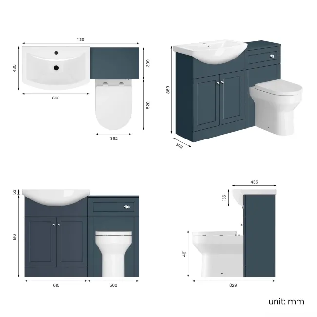 Capri Navy Blue Combination Vanity Basin and Denver Toilet 1150mm - Chrome Handles