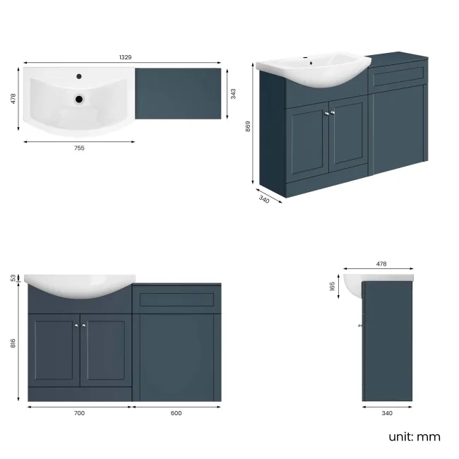 Capri Navy Blue Basin Vanity and Back To Wall Unit 1350mm (Excludes Toilet) - Chrome Handles