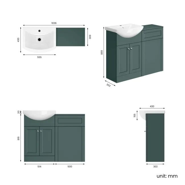 Capri Mystic Green Basin Vanity and Back To Wall Unit 1050mm (Excludes Toilet) - Chrome Handles