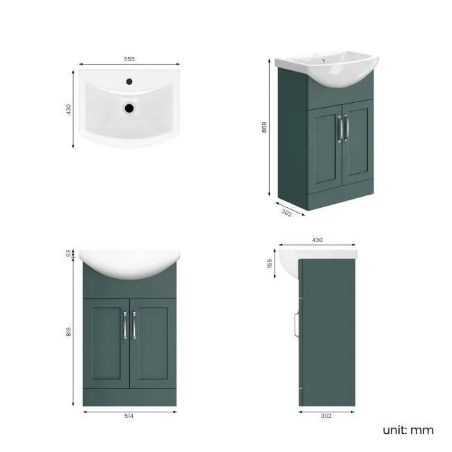 Capri Mystic Green Vanity with Semi Recessed Basin 550mm - Traditional Handles