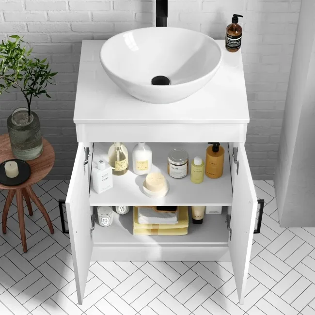 Mersey Gloss White Vanity with Oval Basin 600mm - Black Accents