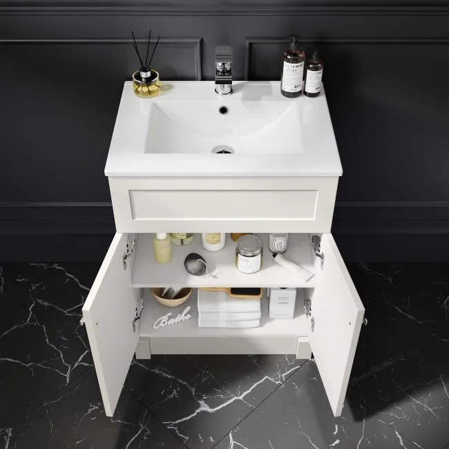 Milos Cotton White Basin Vanity 600mm - Brushed Handles