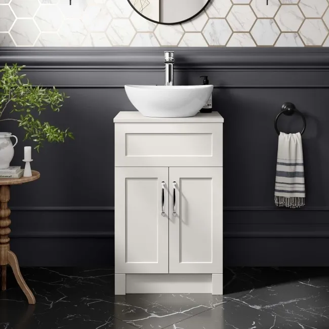 Milos Cotton White Vanity with Oval Basin 500mm - Traditional Handles