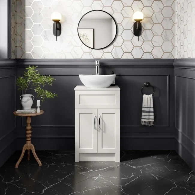 Milos Cotton White Vanity with Oval Basin 500mm - Traditional Handles