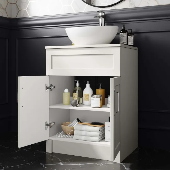 Milos Cotton White Vanity with Oval Basin 600mm - Traditional Handles