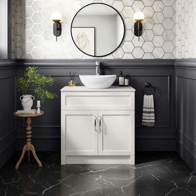 Milos Cotton White Vanity with Oval Basin 800mm - Traditional Handles