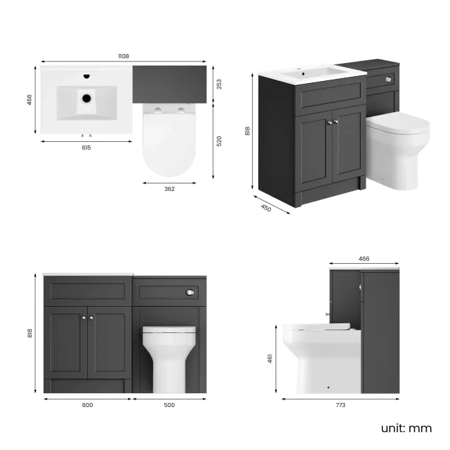 Milos Slate Grey Combination Vanity Basin and Denver Toilet 1100mm - Chrome Handles