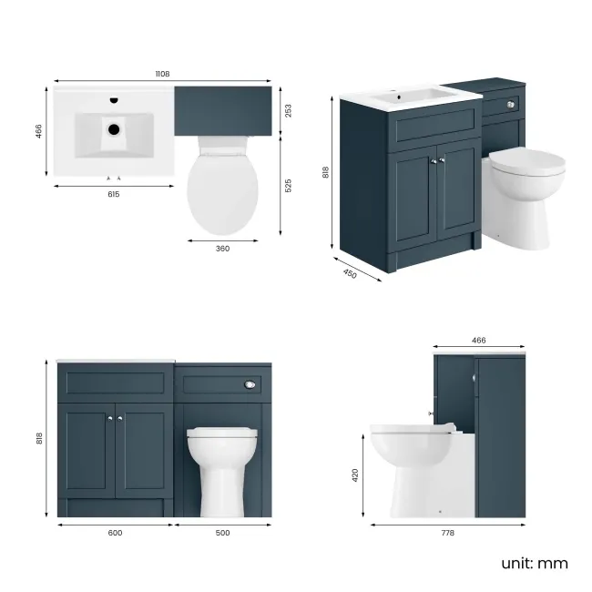 Milos Navy Blue Combination Vanity Basin and Austin Toilet 1100mm - Chrome Handles