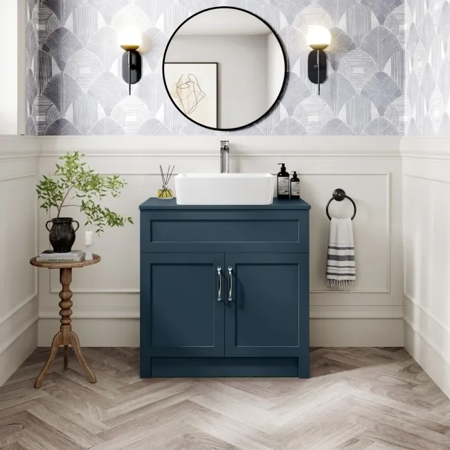 Milos Navy Blue Vanity with Troy Basin 800mm - Traditional Handles