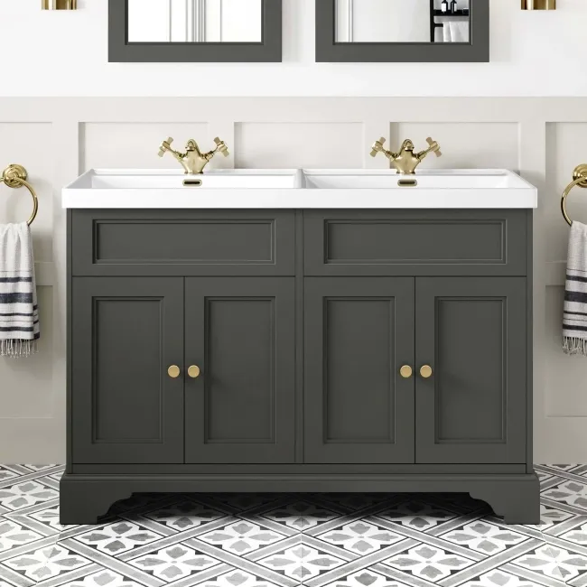 Lucia Graphite Grey Double Basin Vanity 1200mm - Brushed Brass Accents