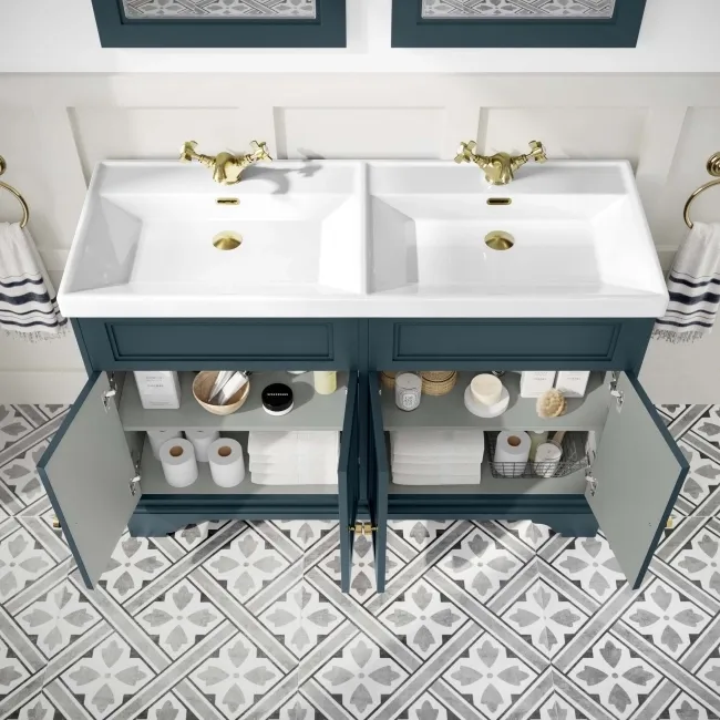 Lucia Inky Blue Double Basin Vanity 1200mm - Brushed Brass Accents