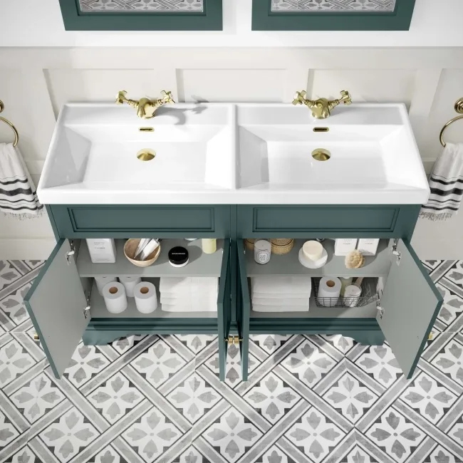 Lucia Midnight Green Double Basin Vanity 1200mm - Brushed Brass Accents