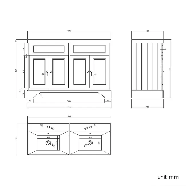 Lucia Midnight Green Double Basin Vanity 1200mm - Brushed Brass Accents