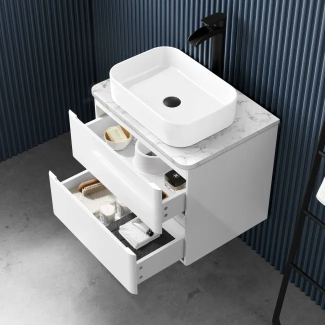 Corsica Gloss White Wall Hung Drawer Vanity with Marble Top & Marin Basin 600mm