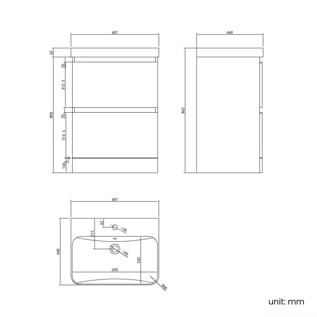 Corsica Gloss White Basin Drawer Vanity 600mm