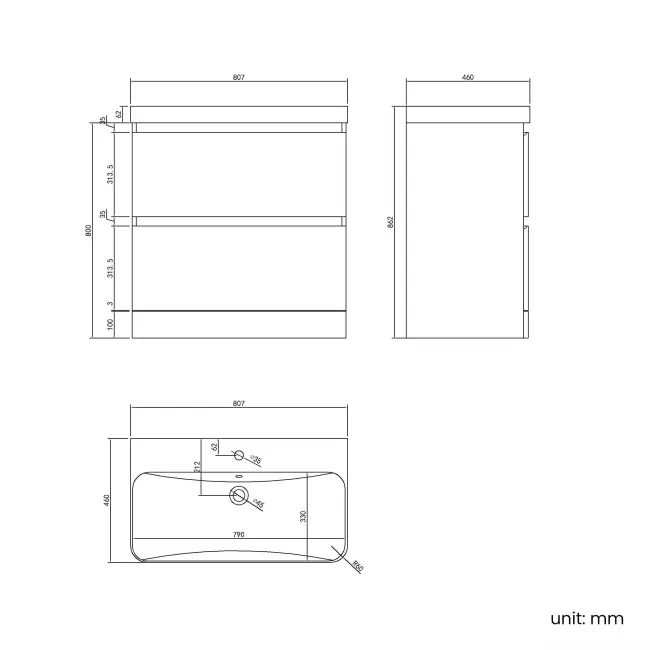 Corsica Gloss White Basin Drawer Vanity 800mm