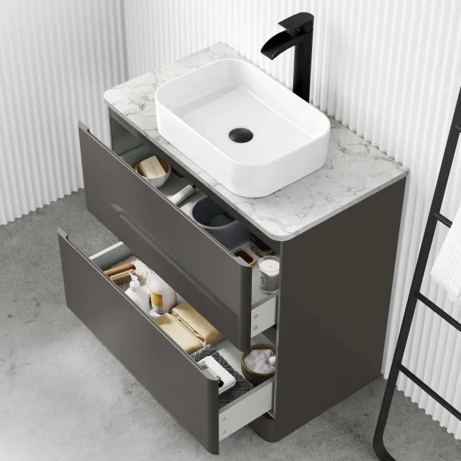 Corsica Tungsten Grey Vanity Drawer with Marble Top & Marin Basin 800mm