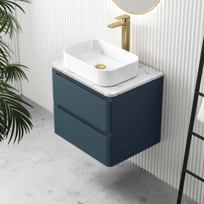 Corsica Inky Blue Wall Hung Drawer Vanity with Marble Top & Marin Basin 600mm