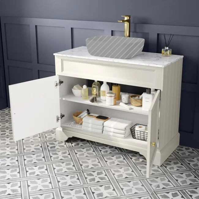 Lucia Chalk White Cabinet with Marble Top 1030mm (Excludes Counter Top Basin) - Brushed Brass Accents