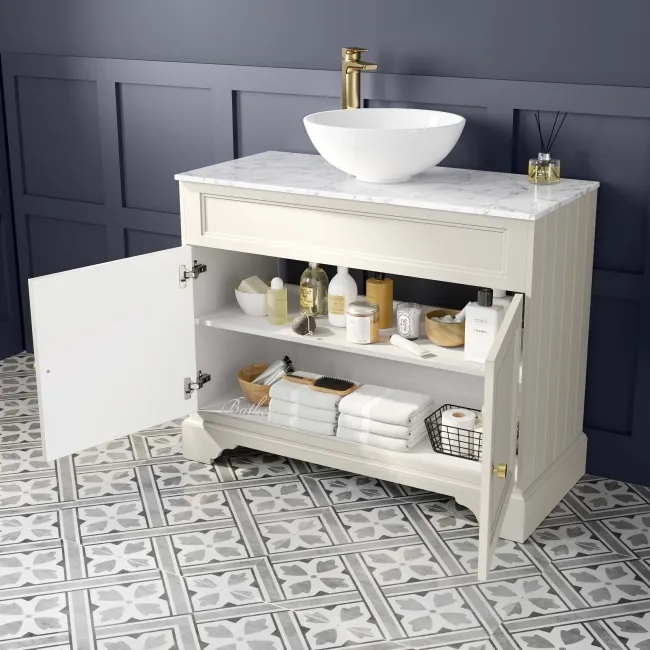 Lucia Chalk White Vanity with Marble Top & Round Counter Top Basin 1030mm - Brushed Brass Accents