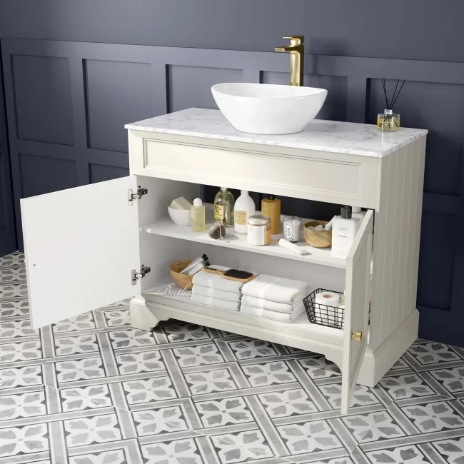 Lucia Chalk White Vanity with Marble Top & Oval Counter Top Basin 1030mm - Brushed Brass Accents