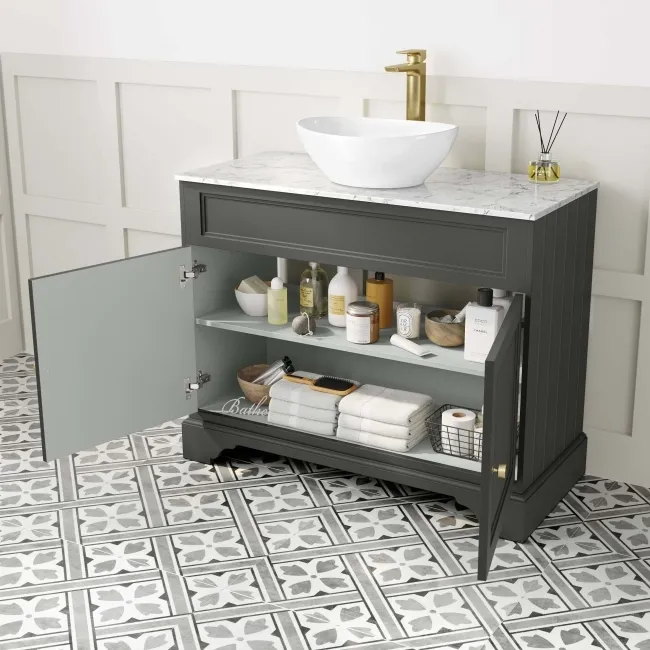 Lucia Graphite Grey Vanity with Marble Top & Oval Counter Top Basin 1030mm - Brushed Brass Accents