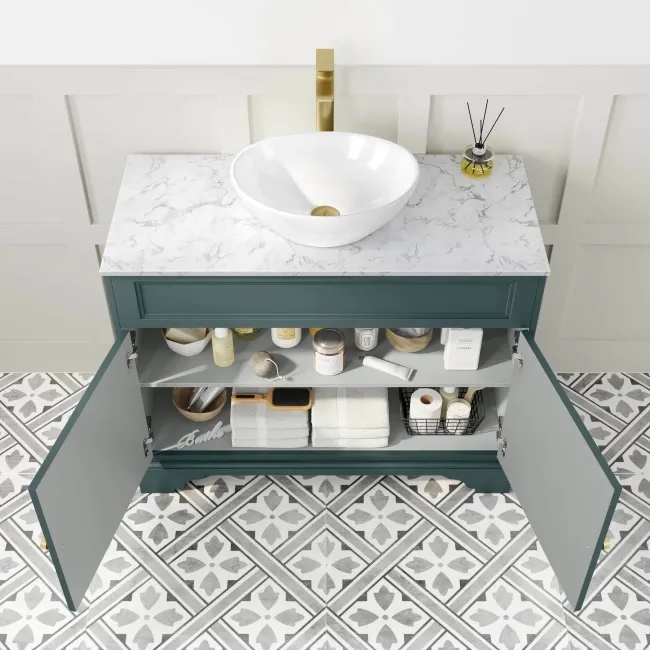 Lucia Midnight Green Vanity with Marble Top & Oval Counter Top Basin 1030mm - Brushed Brass Accents