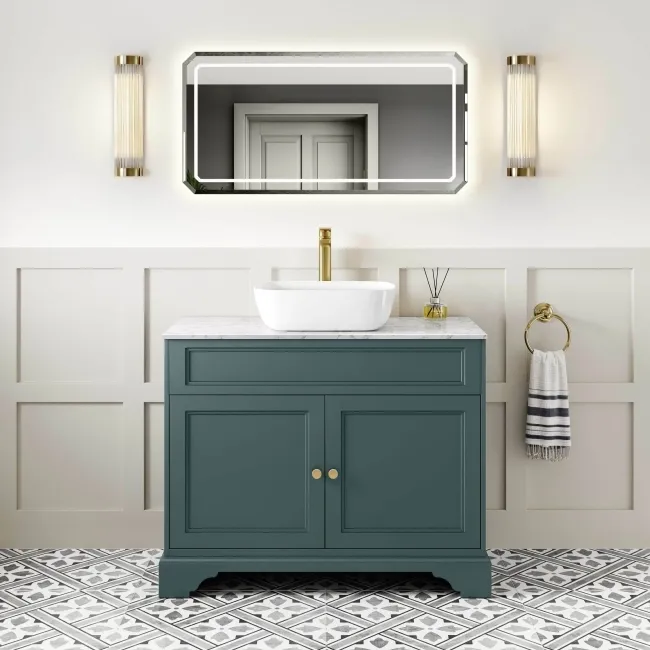 Lucia Midnight Green Vanity with Marble Top & Curved Counter Top Basin 1030mm - Brushed Brass Accents