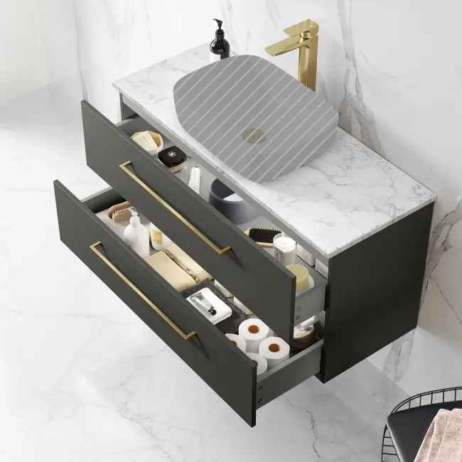 Elba Graphite Grey Wall Hung Drawer Vanity 1000mm Excludes Counter Top Basin - Brushed Brass Accents