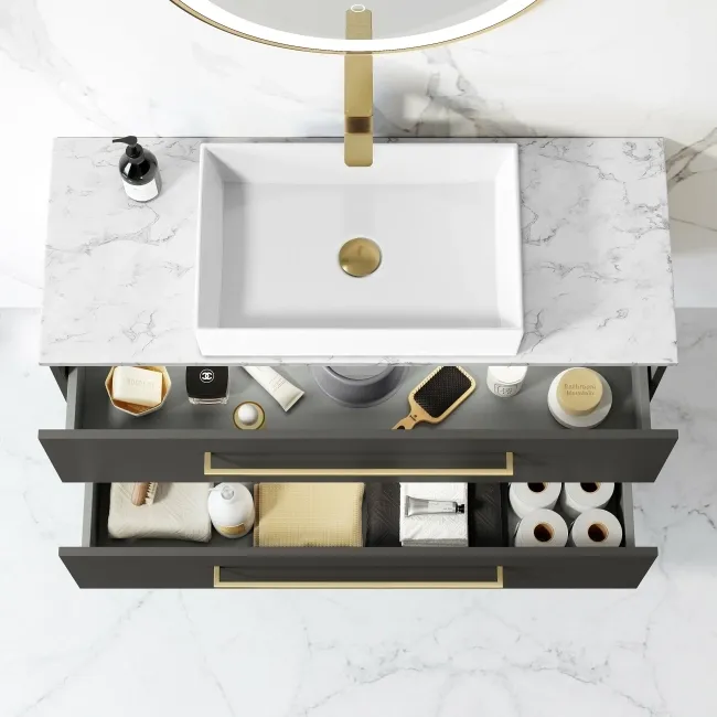 Elba Graphite Grey Wall Hung Drawer Vanity with Marble Top & Cody Basin 1000mm - Brushed Brass Accents