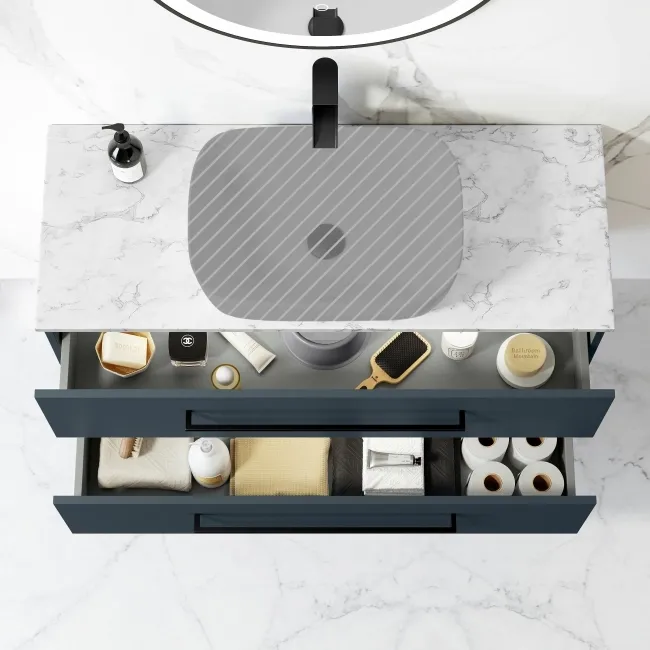 Elba Inky Blue Wall Hung Drawer Vanity 1000mm Excludes Counter Top Basin - Black Accents