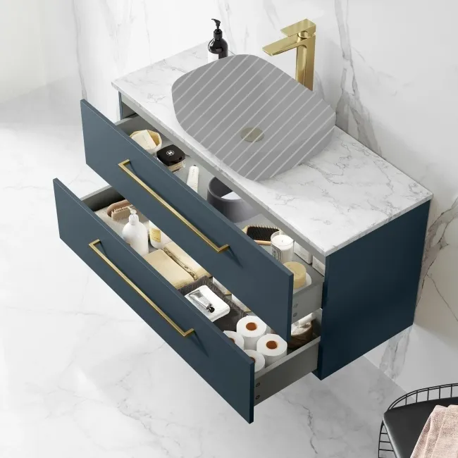 Elba Inky Blue Wall Hung Drawer Vanity 1000mm Excludes Counter Top Basin - Brushed Brass Accents