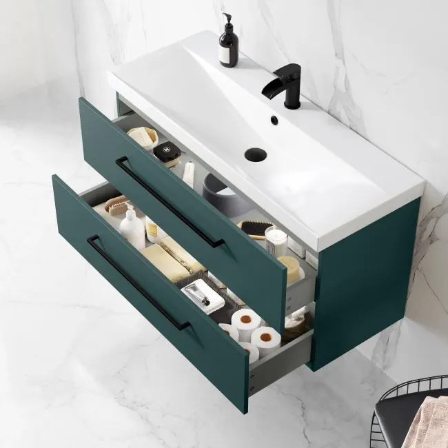 Elba Midnight Green Wall Hung Basin Drawer Vanity 1000mm - Black Accents