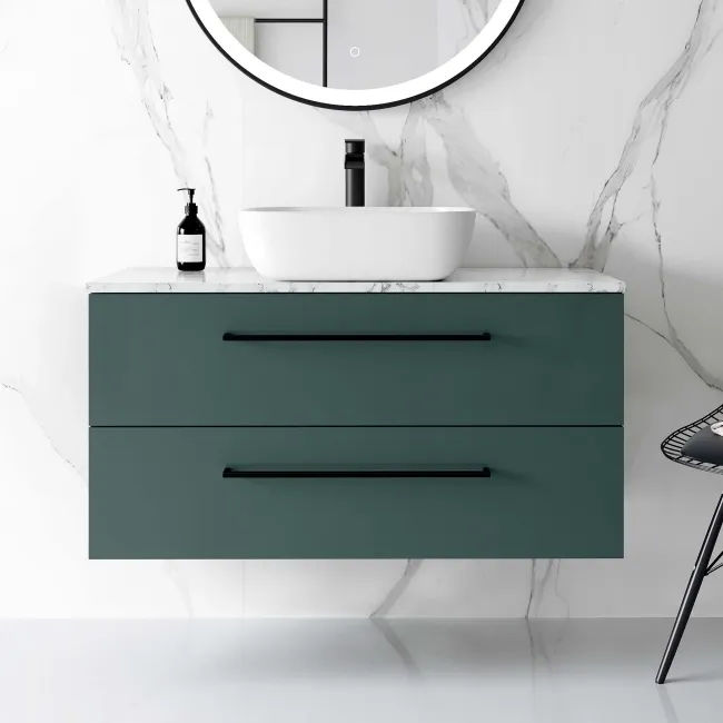 Elba Midnight Green Wall Hung Drawer Vanity with Marble Top & Curved Counter Top Basin 1000mm - Black Accents