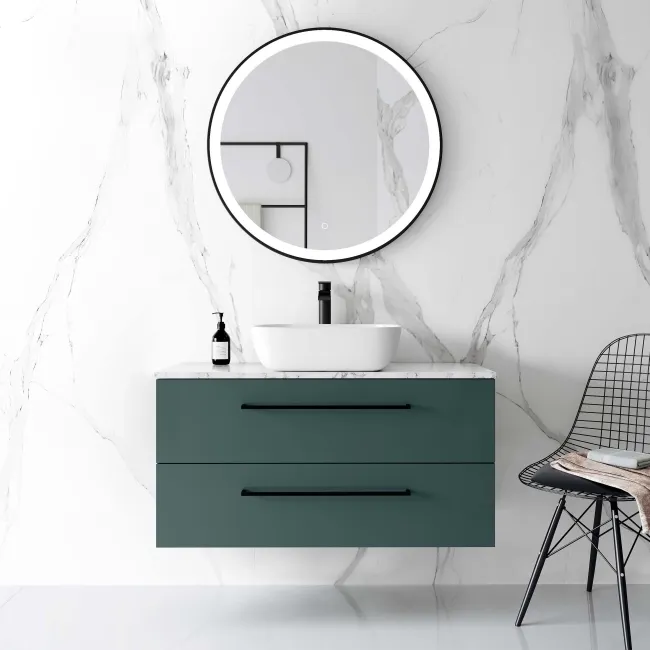 Elba Midnight Green Wall Hung Drawer Vanity with Marble Top & Curved Counter Top Basin 1000mm - Black Accents