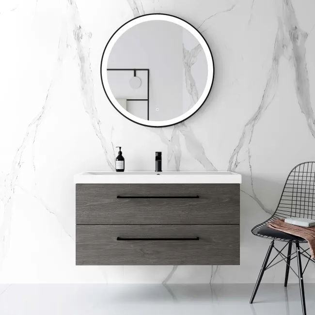 Elba Charcoal Elm Wall Hung Basin Drawer Vanity 1000mm - Black Accents