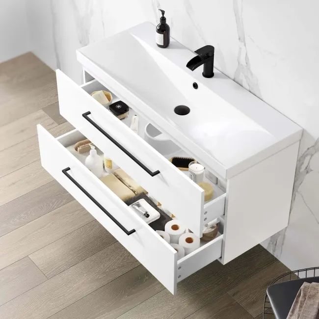 Elba Gloss White Wall Hung Basin Drawer Vanity 1000mm - Black Accents
