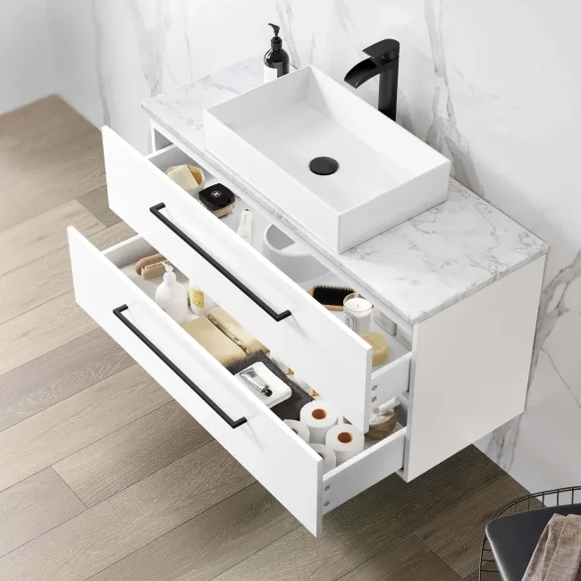 Elba Gloss White Wall Hung Drawer Vanity with Marble Top & Cody Basin 1000mm - Black Accents