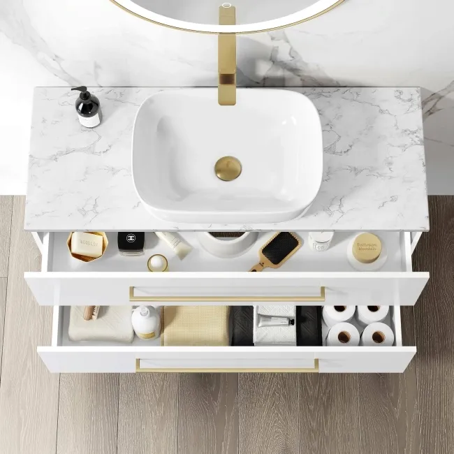 Elba Gloss White Wall Hung Drawer Vanity with Marble Top & Curved Counter Top Basin 1000mm - Brushed Brass Accents
