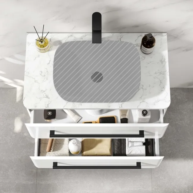 Omaha Gloss White Wall Hung Drawer Vanity with Marble Top 800mm (Excludes Counter Top Basin) - Black Accents