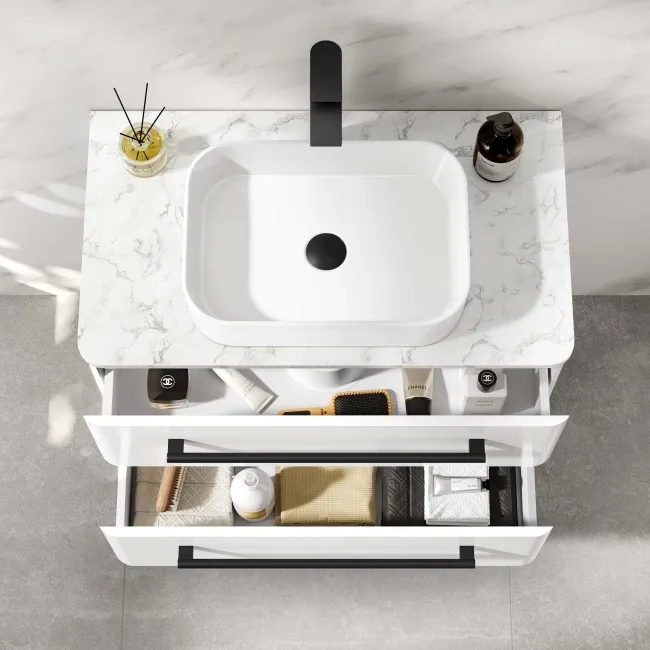 Omaha Gloss White Wall Hung Drawer Vanity with Marble Top & Marin Basin 800mm - Black Accents