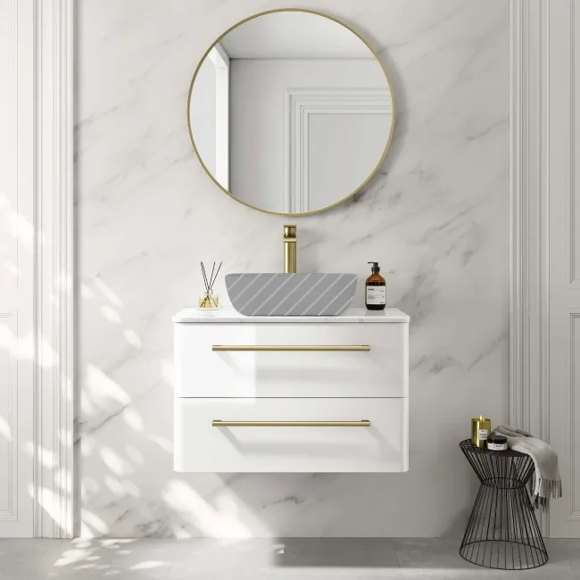 Omaha Gloss White Wall Hung Drawer Vanity with Marble Top 800mm (Excludes Counter Top Basin) - Brushed Brass Accents
