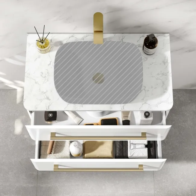 Omaha Gloss White Wall Hung Drawer Vanity with Marble Top 800mm (Excludes Counter Top Basin) - Brushed Brass Accents