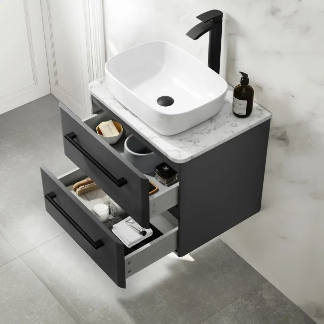 Omaha Slate Grey Wall Hung Drawer Vanity with Marble Top & Curved Counter Top Basin 600mm - Black Accents